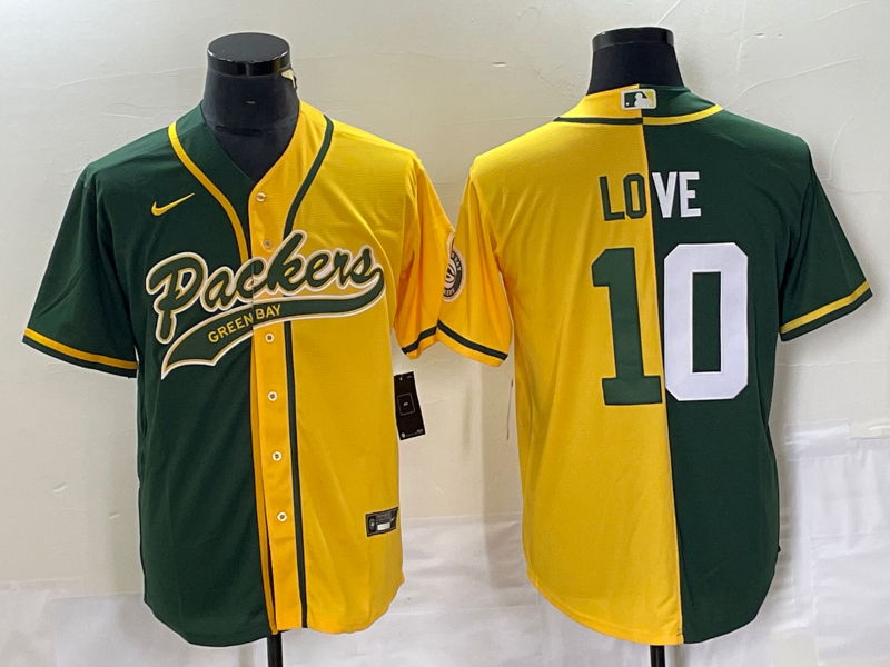 Men's Green Bay Packers #10 Jordan Love Green/Gold Split Cool Base Stitched Baseball Jersey